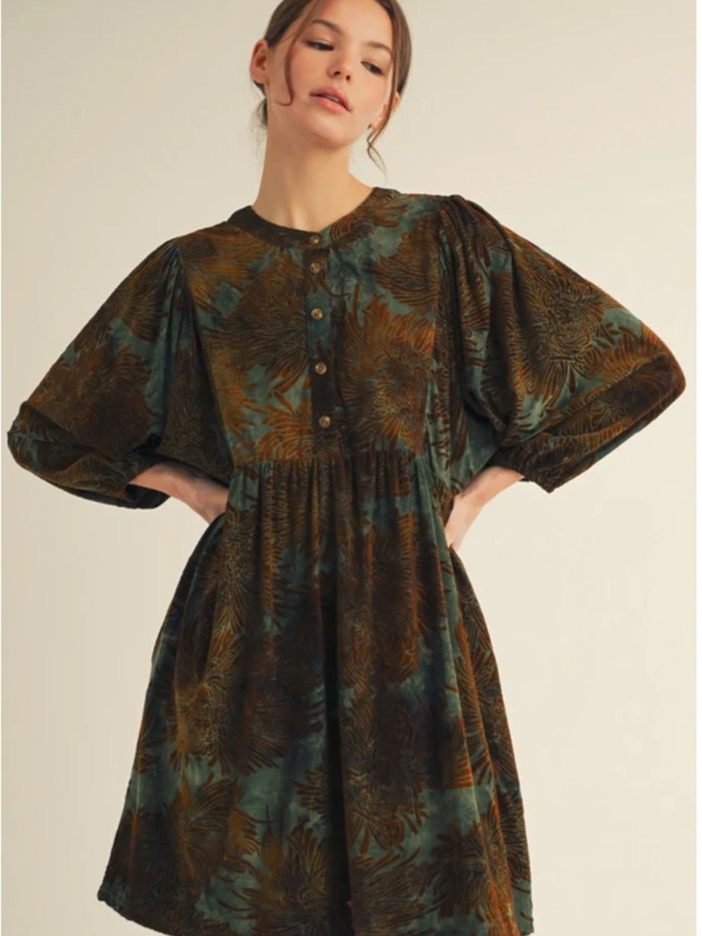Velvet Floral Puff-Sleeve Mini Dress in Teal and Brown